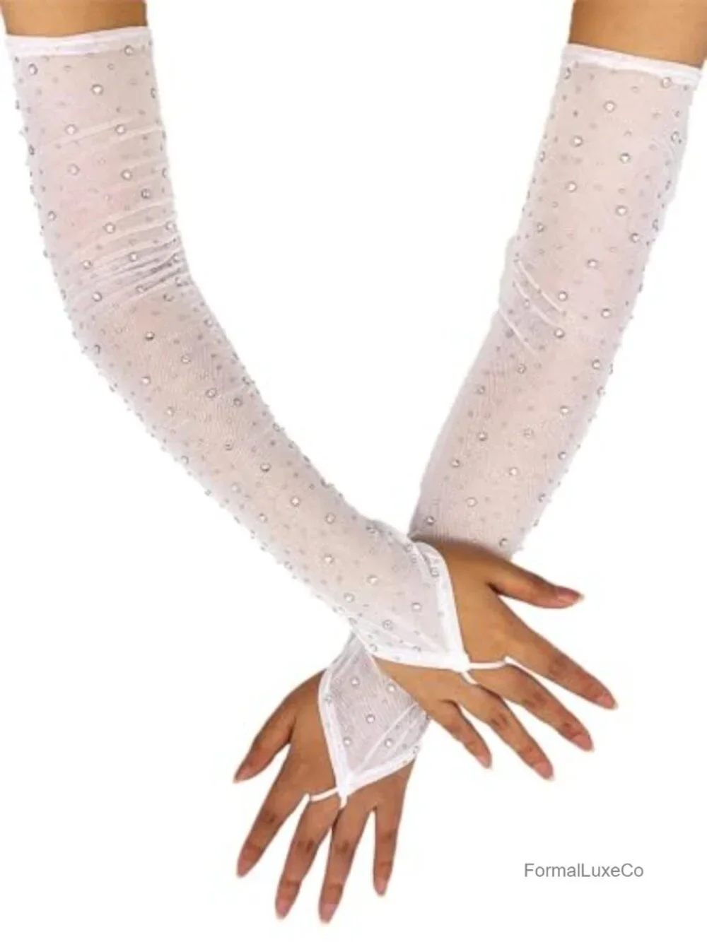 Rhinestone Fingerless Long Gloves Sheer Mesh Elbow Length Opera Gloves Rave